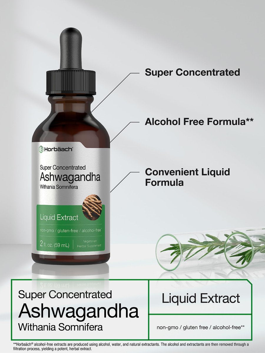 Horbäach Ashwagandha Liquid Drops 2 Fl Oz – Alkoholfreies Tinktur-Wurzelextrakt – Nahrungsergänzungsmittel für Frauen und Männer – Mit Withania Somnifera – Vegetarisch, Nicht-GVO, Glutenfrei