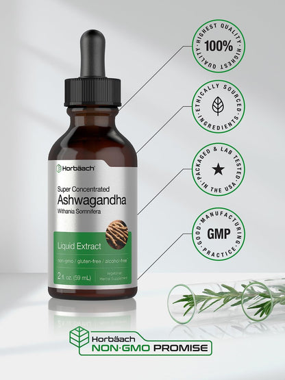 Horbäach Ashwagandha Liquid Drops 2 Fl Oz – Alkoholfreies Tinktur-Wurzelextrakt – Nahrungsergänzungsmittel für Frauen und Männer – Mit Withania Somnifera – Vegetarisch, Nicht-GVO, Glutenfrei