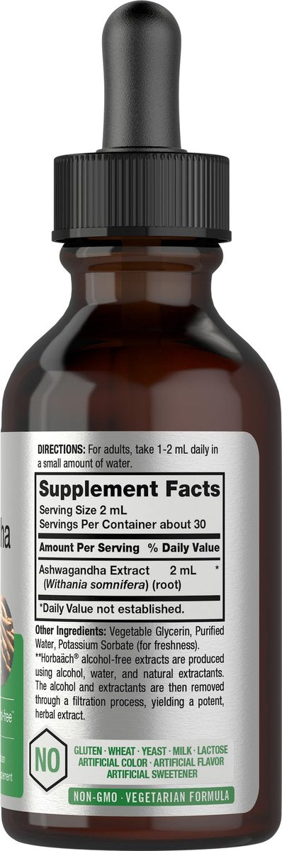 Horbäach Ashwagandha Liquid Drops 2 Fl Oz – Alkoholfreies Tinktur-Wurzelextrakt – Nahrungsergänzungsmittel für Frauen und Männer – Mit Withania Somnifera – Vegetarisch, Nicht-GVO, Glutenfrei