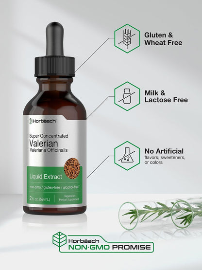 Horbäach Baldrianwurzel-Extrakt Tropfen Alkoholfrei | 60 ml | Hochkonzentrierte Flüssigkeit | Vegan, Nicht-GVO & Glutenfrei
