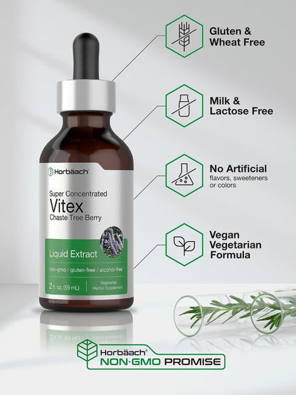 Horbäach Vitex Beeren Keuschlamm Extrakt Tinktur | 2 fl oz | Hochkonzentrierte Flüssigkeit | Alkoholfreies Keuschlammbeeren Präparat | Vegetarisch, Ohne Gentechnik, Glutenfrei