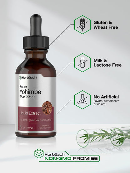 Horbäach Yohimbe Rindenextrakt flüssig | 60 ml | Nahrungsergänzung für Männer und Frauen | Alkoholfreie Tropfen | Vegan, Nicht-GVO, Glutenfrei