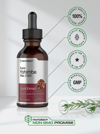 Horbäach Yohimbe Rindenextrakt flüssig | 60 ml | Nahrungsergänzung für Männer und Frauen | Alkoholfreie Tropfen | Vegan, Nicht-GVO, Glutenfrei