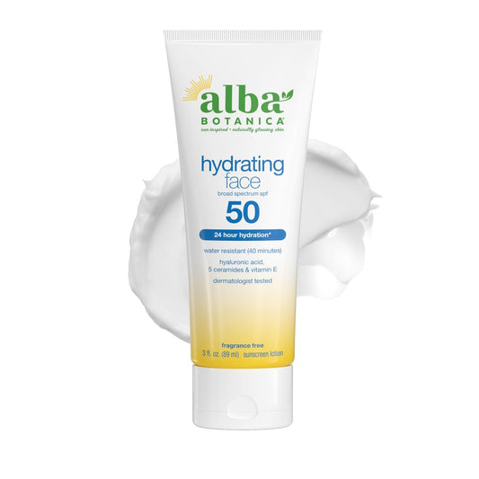 Alba Botanica Feuchtigkeitsspendendes Gesichts-Sonnenschutzmittel LSF 50, Breitspektrum-Schutz, 24h Feuchtigkeit, Wasserbeständig (40 Minuten), Duftfrei, Oxybenzon-frei, 89 ml