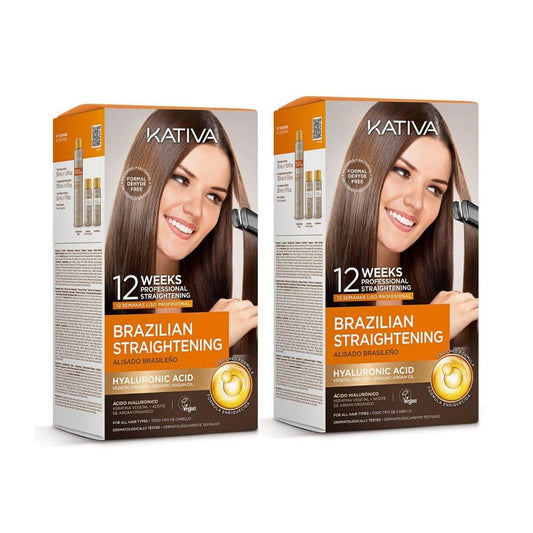 Kativa Brazilian Straightening Kit – 12 Wochen professionelle Glättung zu Hause mit Bio-Arganöl, Sheabutter, Keratin & Aminosäuren – für glatteres, weicheres und glänzenderes Haar, alle Haartypen – 2er-Pack