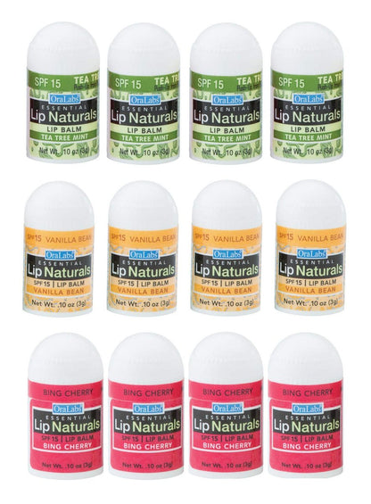 Lip Naturals® | Gemischter Mini-Lippenbalsam mit Sonnenschutz (SPF-15) | Hergestellt in USA | 12er-Pack mit Bing-Kirsche, Teebaum-Minze und Vanille-Bohne (je 0,10 oz/3 g)