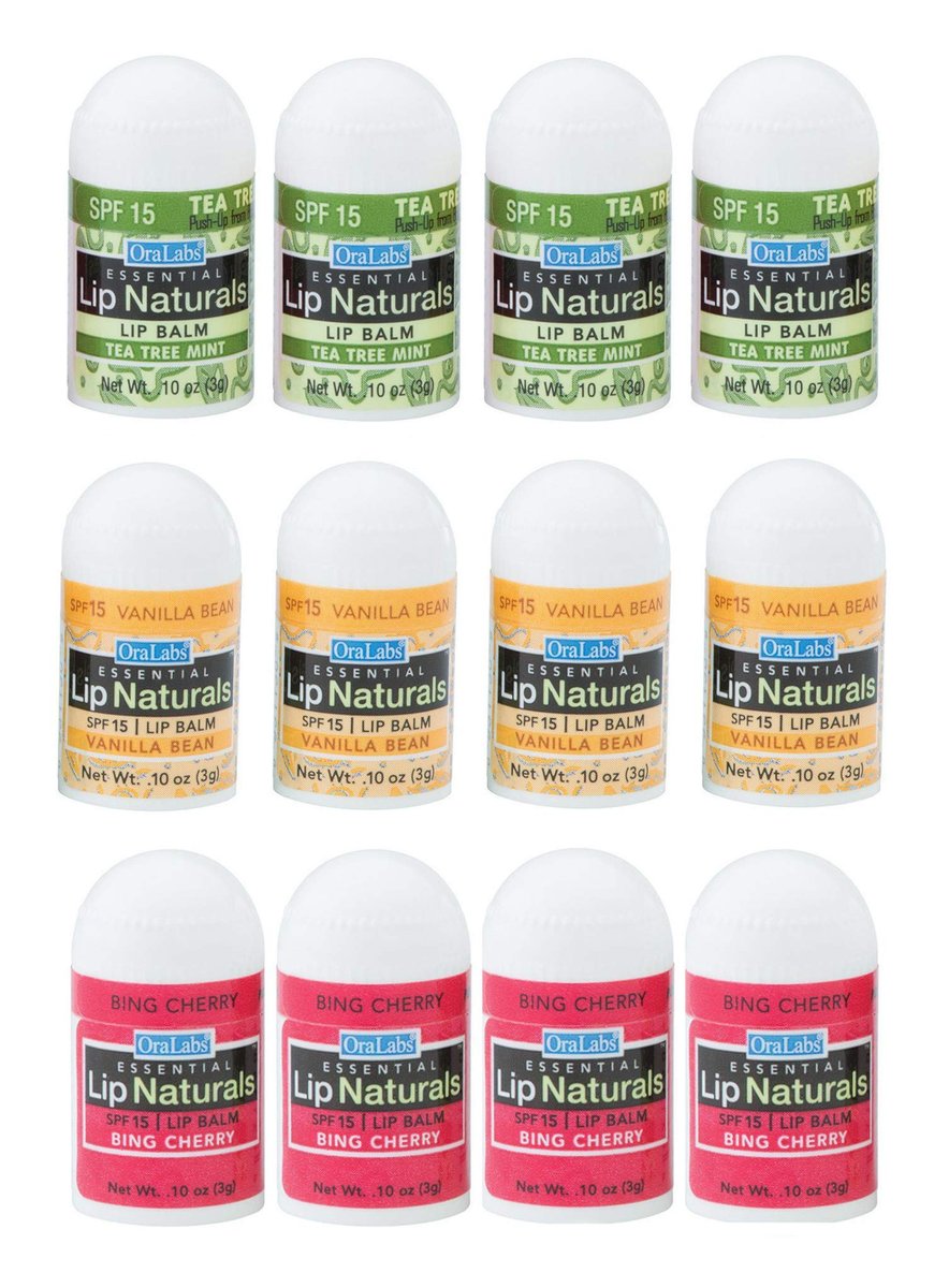 Lip Naturals® | Gemischter Mini-Lippenbalsam mit Sonnenschutz (SPF-15) | Hergestellt in USA | 12er-Pack mit Bing-Kirsche, Teebaum-Minze und Vanille-Bohne (je 0,10 oz/3 g)