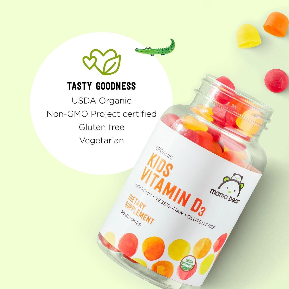Mama Bear Bio Vitamin D3 Gummis für Kinder – 25 mcg (1000 IE) pro Portion, Knochen- & Immunsystem-Unterstützung, Erdbeergeschmack, 80 Stück
