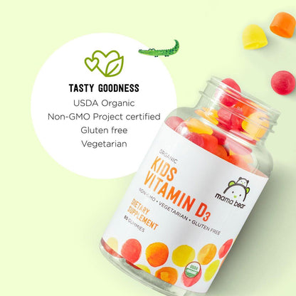Mama Bear Bio Vitamin D3 Gummis für Kinder – 25 mcg (1000 IE) pro Portion, Knochen- & Immunsystem-Unterstützung, Erdbeergeschmack, 80 Stück