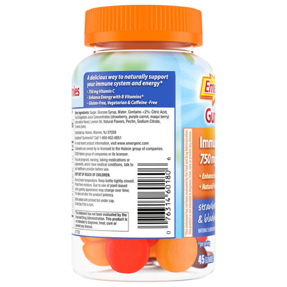Emergen-C 750 mg Vitamin C Gummis für Erwachsene – Immununterstützung, glutenfrei, Erdbeer-, Zitronen- und Blaubeergeschmack, 45 Stück