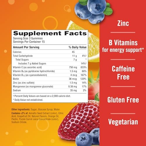 Emergen-C 750 mg Vitamin C Gummis für Erwachsene – Immununterstützung, glutenfrei, Erdbeer-, Zitronen- und Blaubeergeschmack, 45 Stück