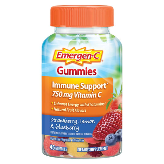 Emergen-C 750 mg Vitamin C Gummis für Erwachsene – Immununterstützung, glutenfrei, Erdbeer-, Zitronen- und Blaubeergeschmack, 45 Stück