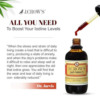 J.CROW'S® Lugol'sche Lösung 2% Iod 60 ml – Hochwertiges Iod & Kaliumiodid, gluten- & alkoholfrei, natürlicher Salzlaken-Extrakt, kein Verfallsdatum – 1200 Tropfen
