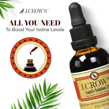 J.CROW'S® Lugol'sche Lösung 2% Iod 60 ml – Hochwertiges Iod & Kaliumiodid, gluten- & alkoholfrei, natürlicher Salzlaken-Extrakt, kein Verfallsdatum – 1200 Tropfen