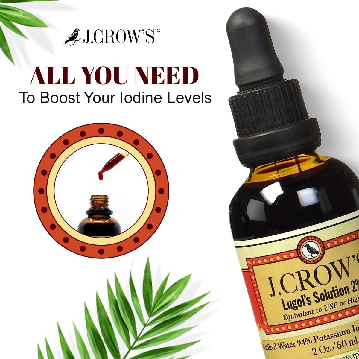 J.CROW'S® Lugol'sche Lösung 2% Iod 60 ml – Hochwertiges Iod & Kaliumiodid, gluten- & alkoholfrei, natürlicher Salzlaken-Extrakt, kein Verfallsdatum – 1200 Tropfen