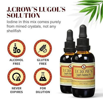 J.CROW'S® Lugol'sche Lösung 2% Iod 60 ml – Hochwertiges Iod & Kaliumiodid, gluten- & alkoholfrei, natürlicher Salzlaken-Extrakt, kein Verfallsdatum – 1200 Tropfen