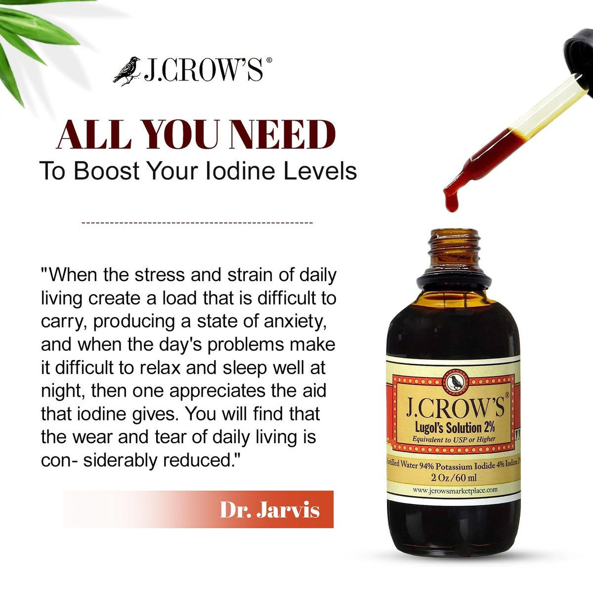 J.CROW'S® Lugol'sche Lösung 2% Iod 60 ml – Hochwertiges Iod & Kaliumiodid, gluten- & alkoholfrei, natürlicher Salzlaken-Extrakt, kein Verfallsdatum – 1200 Tropfen