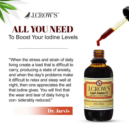 J.CROW'S® Lugol'sche Lösung 2% Iod 60 ml – Hochwertiges Iod & Kaliumiodid, gluten- & alkoholfrei, natürlicher Salzlaken-Extrakt, kein Verfallsdatum – 1200 Tropfen