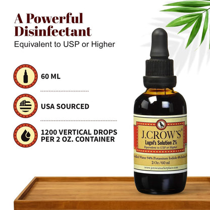 J.CROW'S® Lugol'sche Lösung 2% Iod 60 ml – Hochwertiges Iod & Kaliumiodid, gluten- & alkoholfrei, natürlicher Salzlaken-Extrakt, kein Verfallsdatum – 1200 Tropfen