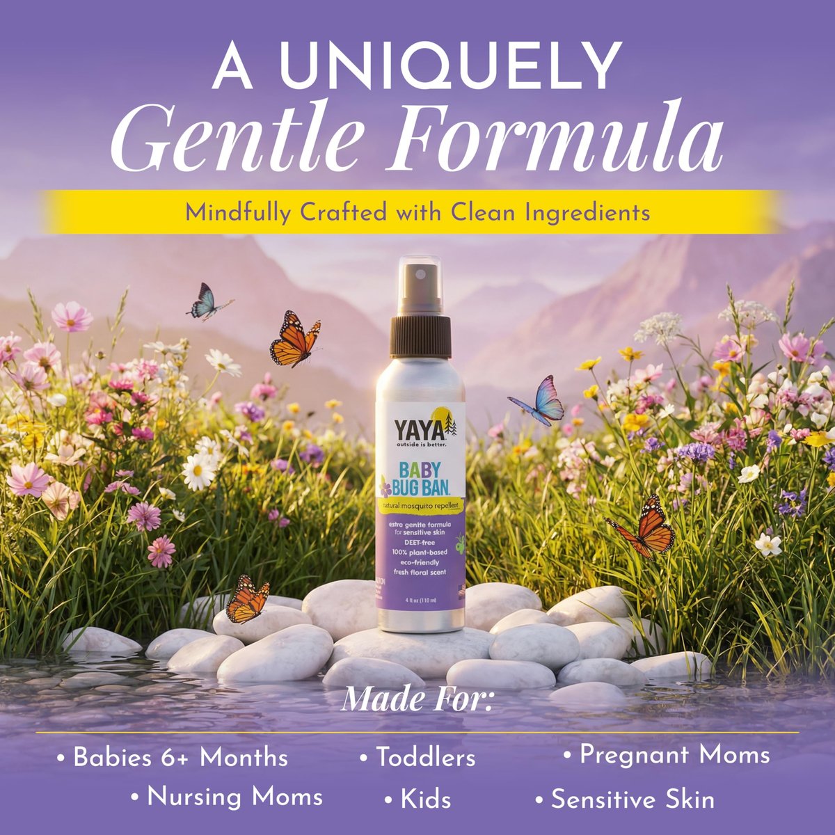 YAYA ORGANICS Baby Bug BAN – DEET-freies natürliches Insektenspray für Kinder, Babys, Schwangere & Stillende Mütter – Pflanzlicher Mückenschutz, leicht & nicht fettend, 118 ml