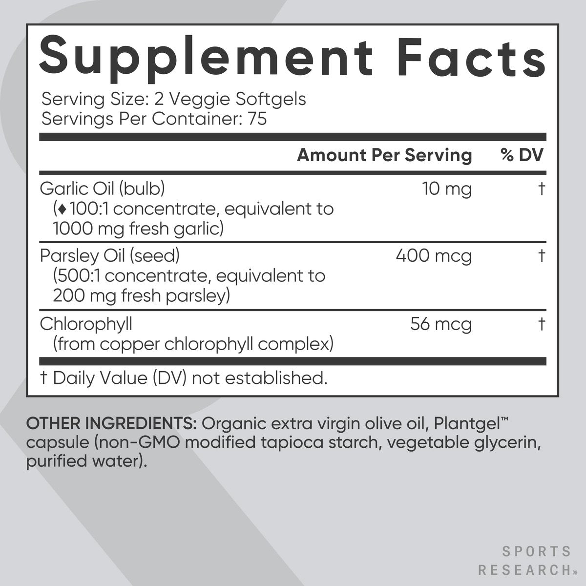 Sports Research® Geruchloses Knoblauchöl mit Petersilie & Chlorophyll - Vegan · Nicht-GVO · Glutenfrei - 150 pflanzliche Kapseln