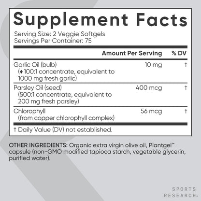 Sports Research® Geruchloses Knoblauchöl mit Petersilie & Chlorophyll - Vegan · Nicht-GVO · Glutenfrei - 150 pflanzliche Kapseln