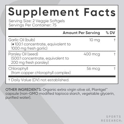 Sports Research® Geruchloses Knoblauchöl mit Petersilie & Chlorophyll - Vegan · Nicht-GVO · Glutenfrei - 150 pflanzliche Kapseln
