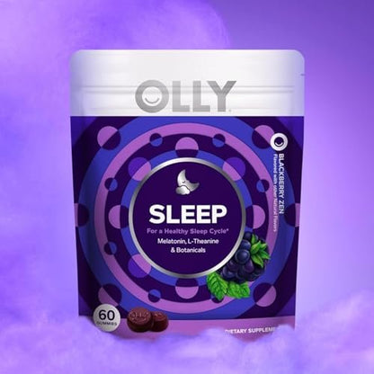 OLLY Schlaf Gummis, 3 mg Melatonin, L-Theanin, Kamille und Melisse Extrakt, Brombeergeschmack, 30-Tage-Vorrat - 60 Stück