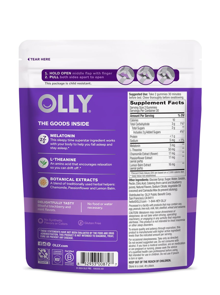 OLLY Schlaf Gummis, 3 mg Melatonin, L-Theanin, Kamille und Melisse Extrakt, Brombeergeschmack, 30-Tage-Vorrat - 60 Stück