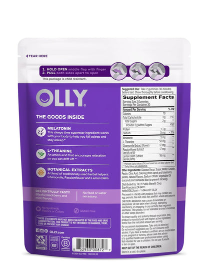 OLLY Schlaf Gummis, 3 mg Melatonin, L-Theanin, Kamille und Melisse Extrakt, Brombeergeschmack, 30-Tage-Vorrat - 60 Stück