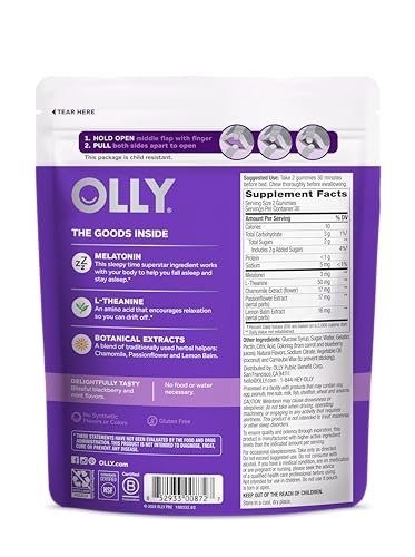 OLLY Schlaf Gummis, 3 mg Melatonin, L-Theanin, Kamille und Melisse Extrakt, Brombeergeschmack, 30-Tage-Vorrat - 60 Stück