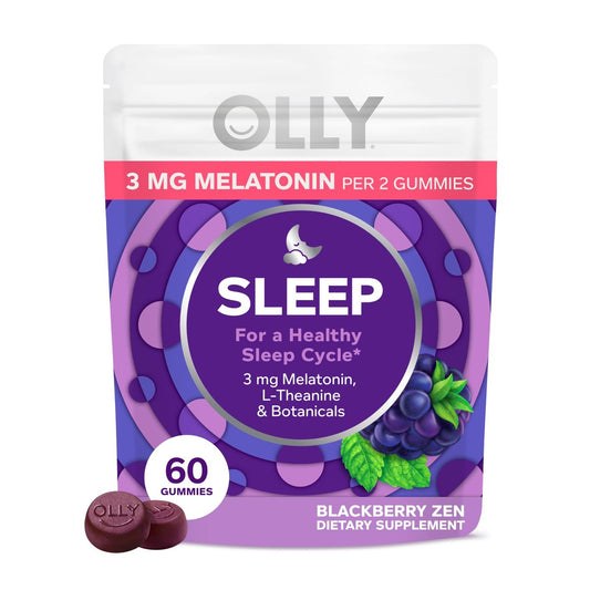 OLLY Schlaf Gummis, 3 mg Melatonin, L-Theanin, Kamille und Melisse Extrakt, Brombeergeschmack, 30-Tage-Vorrat - 60 Stück