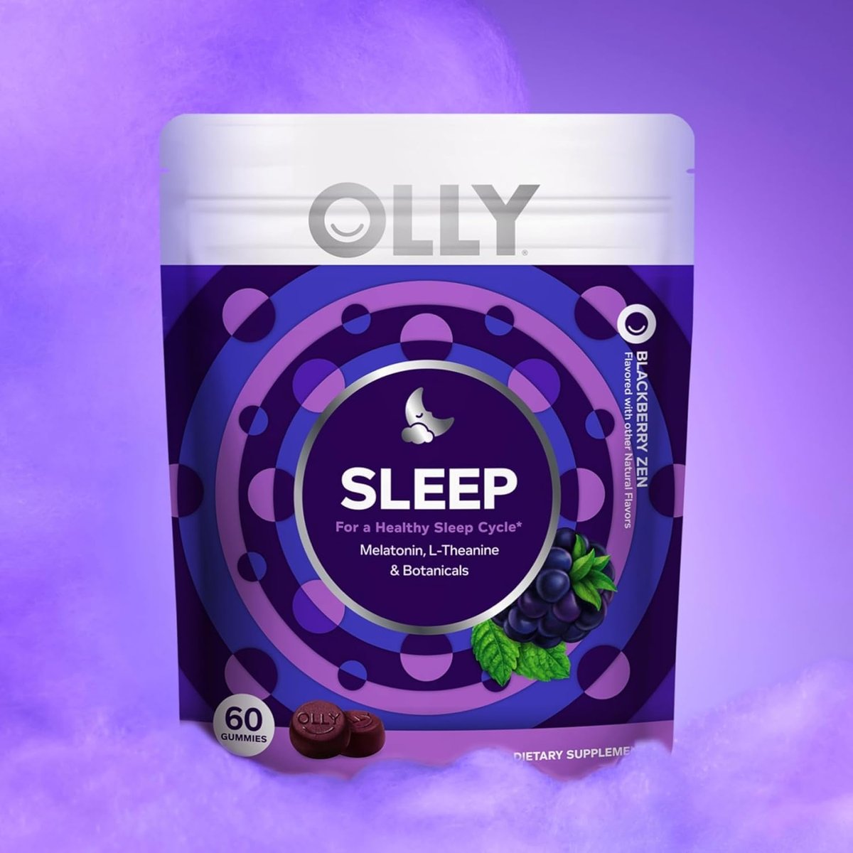 OLLY Schlaf Gummis, 3 mg Melatonin, L-Theanin, Kamille und Melisse Extrakt, Brombeergeschmack, 30-Tage-Vorrat - 60 Stück