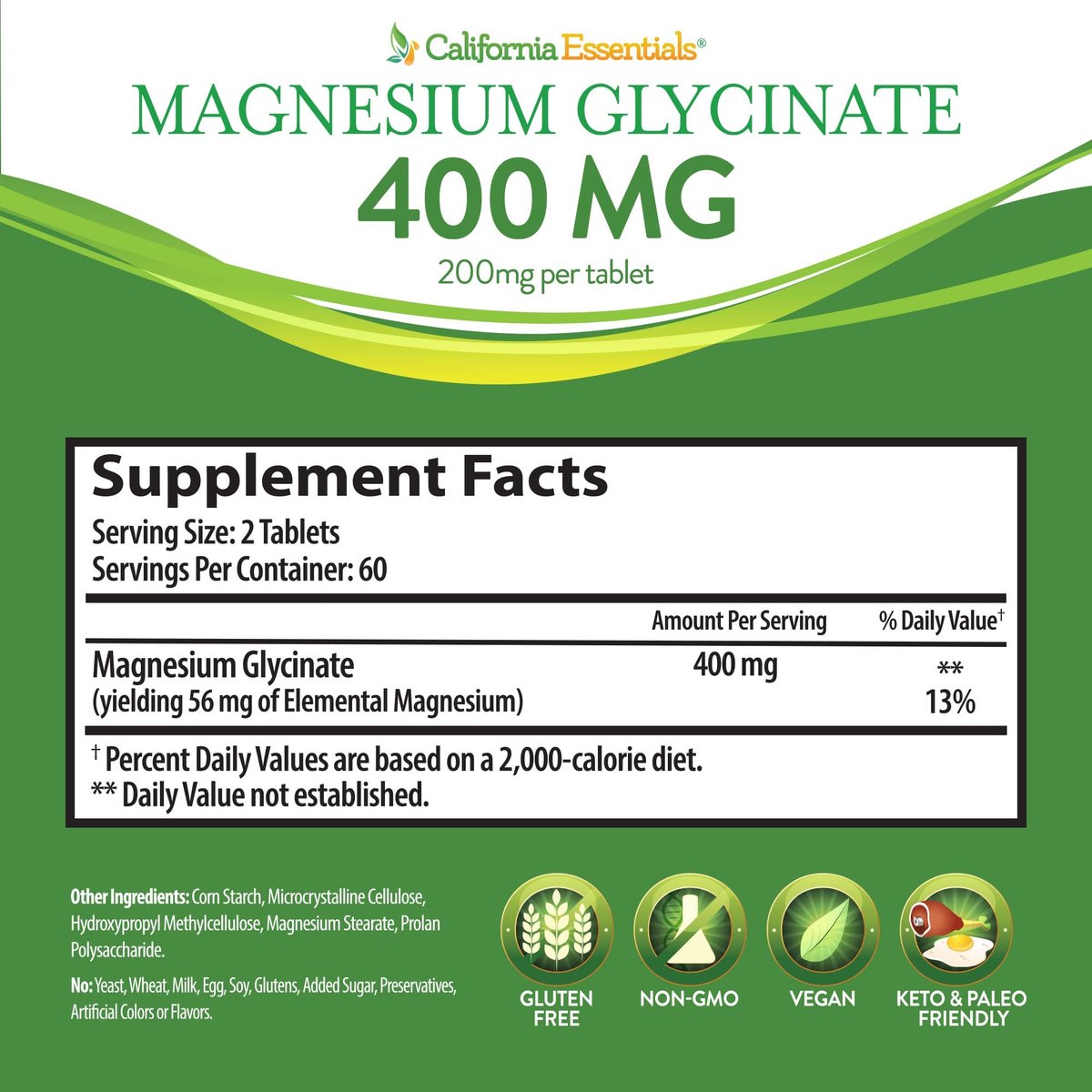 Magnesium Glycinat 400 – Chelatiert, Hoch Absorbierbares Magnesium – Vegan, Nicht-GVO, Glutenfrei, 120 Tabletten (60 Portionen, Portionsgröße 2 Tabletten à 200 mg)