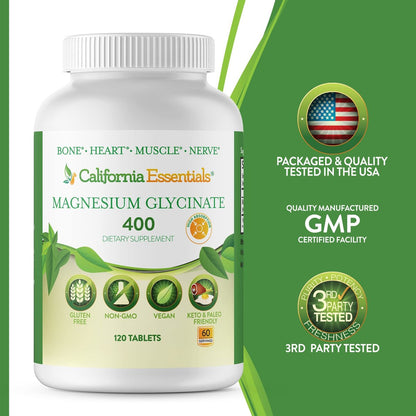 Magnesium Glycinat 400 – Chelatiert, Hoch Absorbierbares Magnesium – Vegan, Nicht-GVO, Glutenfrei, 120 Tabletten (60 Portionen, Portionsgröße 2 Tabletten à 200 mg)