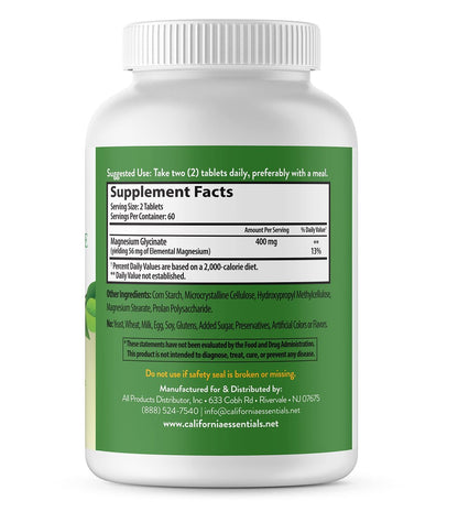 Magnesium Glycinat 400 – Chelatiert, Hoch Absorbierbares Magnesium – Vegan, Nicht-GVO, Glutenfrei, 120 Tabletten (60 Portionen, Portionsgröße 2 Tabletten à 200 mg)