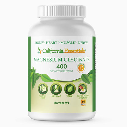 Magnesium Glycinat 400 – Chelatiert, Hoch Absorbierbares Magnesium – Vegan, Nicht-GVO, Glutenfrei, 120 Tabletten (60 Portionen, Portionsgröße 2 Tabletten à 200 mg)