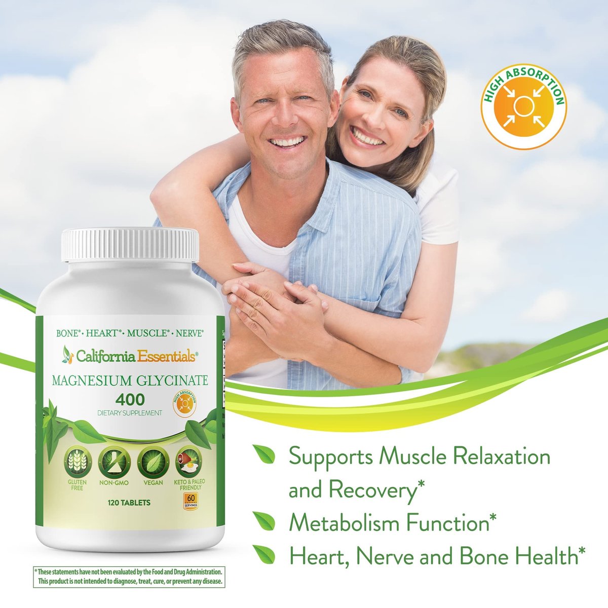 Magnesium Glycinat 400 – Chelatiert, Hoch Absorbierbares Magnesium – Vegan, Nicht-GVO, Glutenfrei, 120 Tabletten (60 Portionen, Portionsgröße 2 Tabletten à 200 mg)