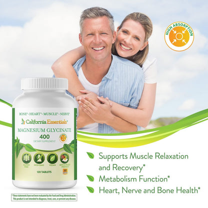 Magnesium Glycinat 400 – Chelatiert, Hoch Absorbierbares Magnesium – Vegan, Nicht-GVO, Glutenfrei, 120 Tabletten (60 Portionen, Portionsgröße 2 Tabletten à 200 mg)