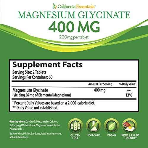 Magnesium Glycinat 400 – Chelatiert, Hoch Absorbierbares Magnesium – Vegan, Nicht-GVO, Glutenfrei, 120 Tabletten (60 Portionen, Portionsgröße 2 Tabletten à 200 mg)