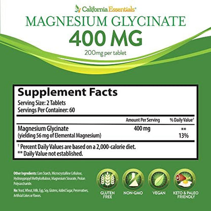 Magnesium Glycinat 400 – Chelatiert, Hoch Absorbierbares Magnesium – Vegan, Nicht-GVO, Glutenfrei, 120 Tabletten (60 Portionen, Portionsgröße 2 Tabletten à 200 mg)