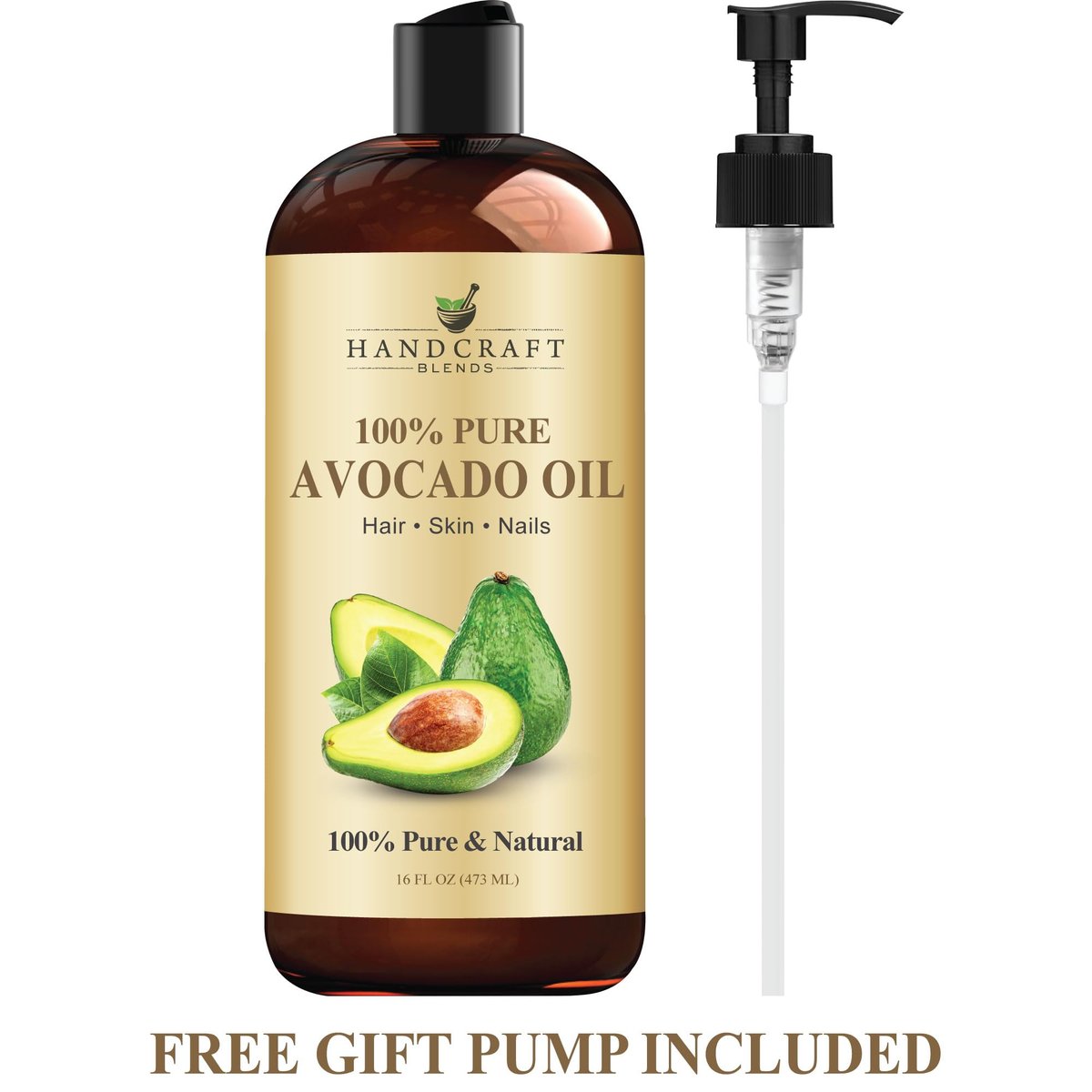 Handcraft Blends Avocado Oil - Kaltgepresst 473 ml - 100% rein und natürlich - Premium Trägeröl für Haut und Haar - Körper- und Haarpflege - Massage - Hexanfrei
