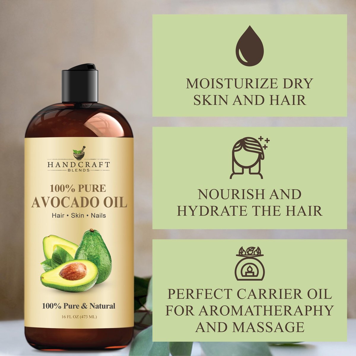 Handcraft Blends Avocado Oil - Kaltgepresst 473 ml - 100% rein und natürlich - Premium Trägeröl für Haut und Haar - Körper- und Haarpflege - Massage - Hexanfrei