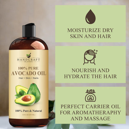 Handcraft Blends Avocado Oil - Kaltgepresst 473 ml - 100% rein und natürlich - Premium Trägeröl für Haut und Haar - Körper- und Haarpflege - Massage - Hexanfrei