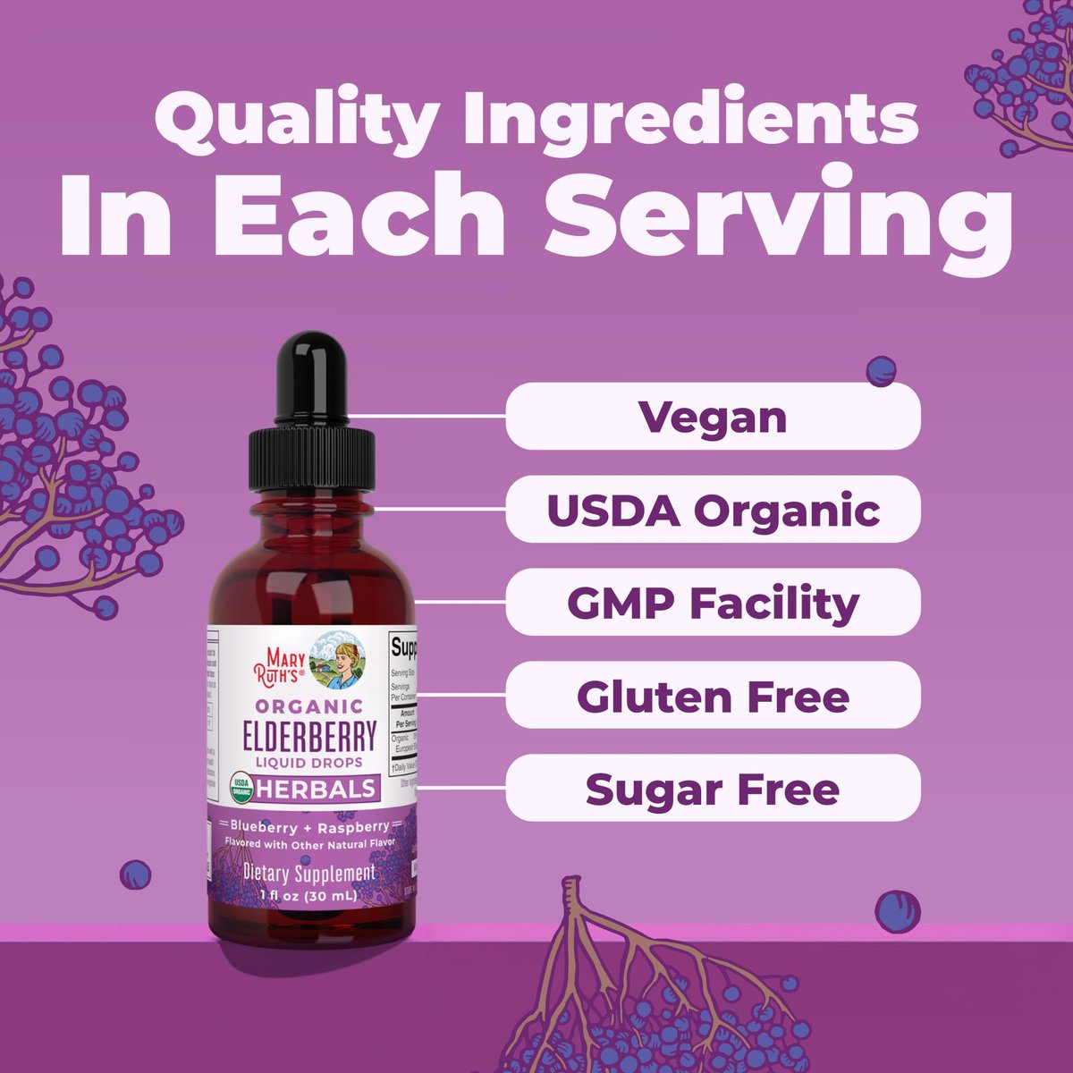 MARYRUTH'S Holunderbeeren-Tropfen für Erwachsene & Kinder | Immununterstützung | Antioxidans | Allgemeines Wohlbefinden | Holunderbeerextrakt | USDA Bio | Zuckerfrei | Vegan | Nicht-GMO | Glutenfrei | 30 ml