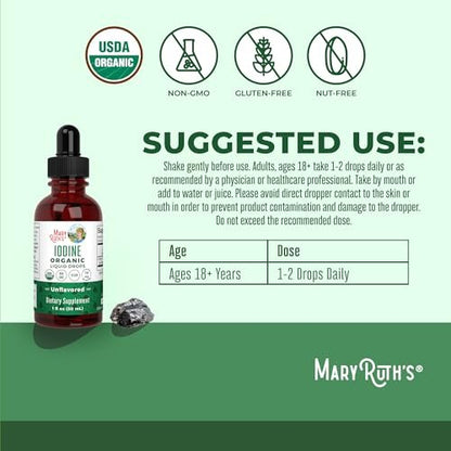 MaryRuth Organics Iod Liquid Drops | Kaliumiodid | 1-Jahres-Vorrat | 450 Portionen | Schilddrüsengesundheit | USDA Bio | Vegan | Ohne Gentechnik | Glutenfrei | 30 ml