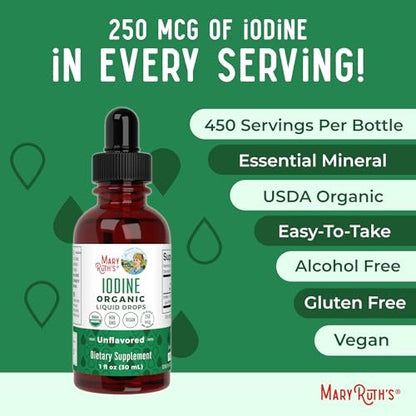MaryRuth Organics Iod Liquid Drops | Kaliumiodid | 1-Jahres-Vorrat | 450 Portionen | Schilddrüsengesundheit | USDA Bio | Vegan | Ohne Gentechnik | Glutenfrei | 30 ml