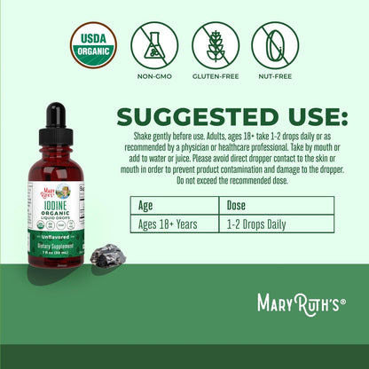 MaryRuth Organics Iod Liquid Drops | Kaliumiodid | 1-Jahres-Vorrat | 450 Portionen | Schilddrüsengesundheit | USDA Bio | Vegan | Ohne Gentechnik | Glutenfrei | 30 ml