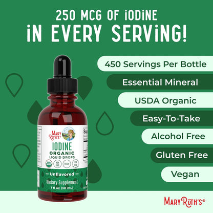 MaryRuth Organics Iod Liquid Drops | Kaliumiodid | 1-Jahres-Vorrat | 450 Portionen | Schilddrüsengesundheit | USDA Bio | Vegan | Ohne Gentechnik | Glutenfrei | 30 ml