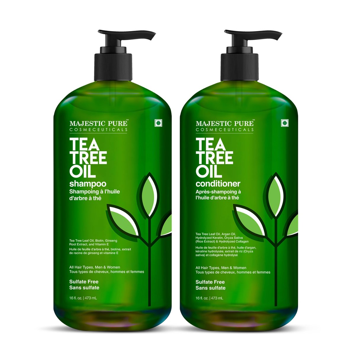 Majestic Pure Teebaum-Shampoo für Männer und Frauen – Feuchtigkeitsspendende Formel gegen Schuppen, Läuse und juckende, gereizte oder trockene Kopfhaut – Für alle Haartypen – Sulfatfrei, 16 fl oz (2er-Pack)
